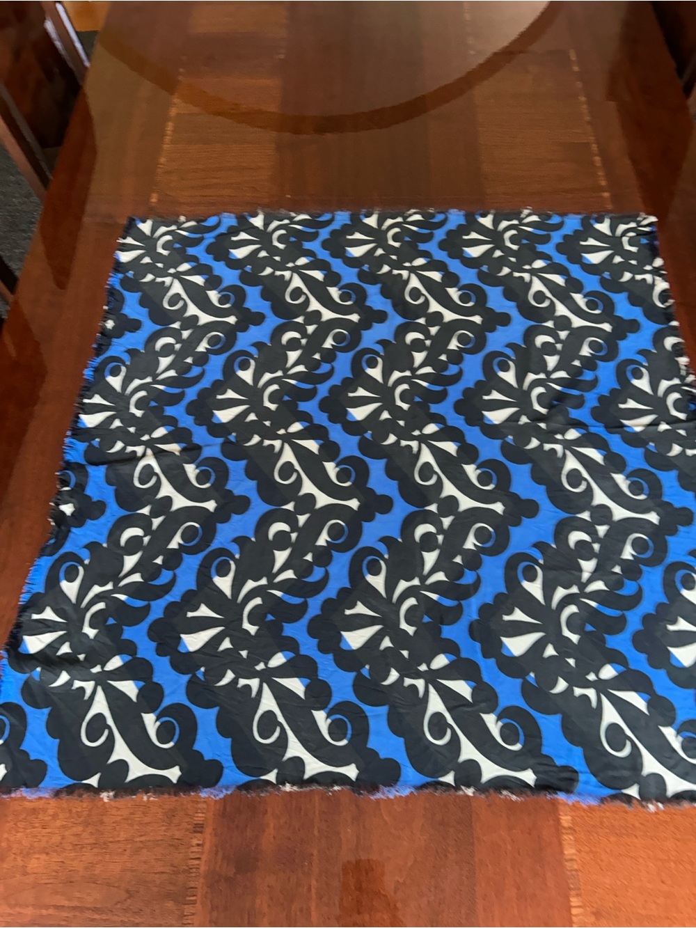 Blue, Black & White Patterned Scarf 30“ x 30“ multicolored unfinished edge